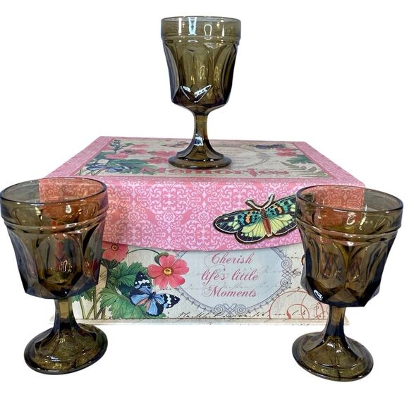 Amber Colored Drinking Goblets Set of 3 Drinkware Colored Glass Pedestal Glass - Picture 2 of 6